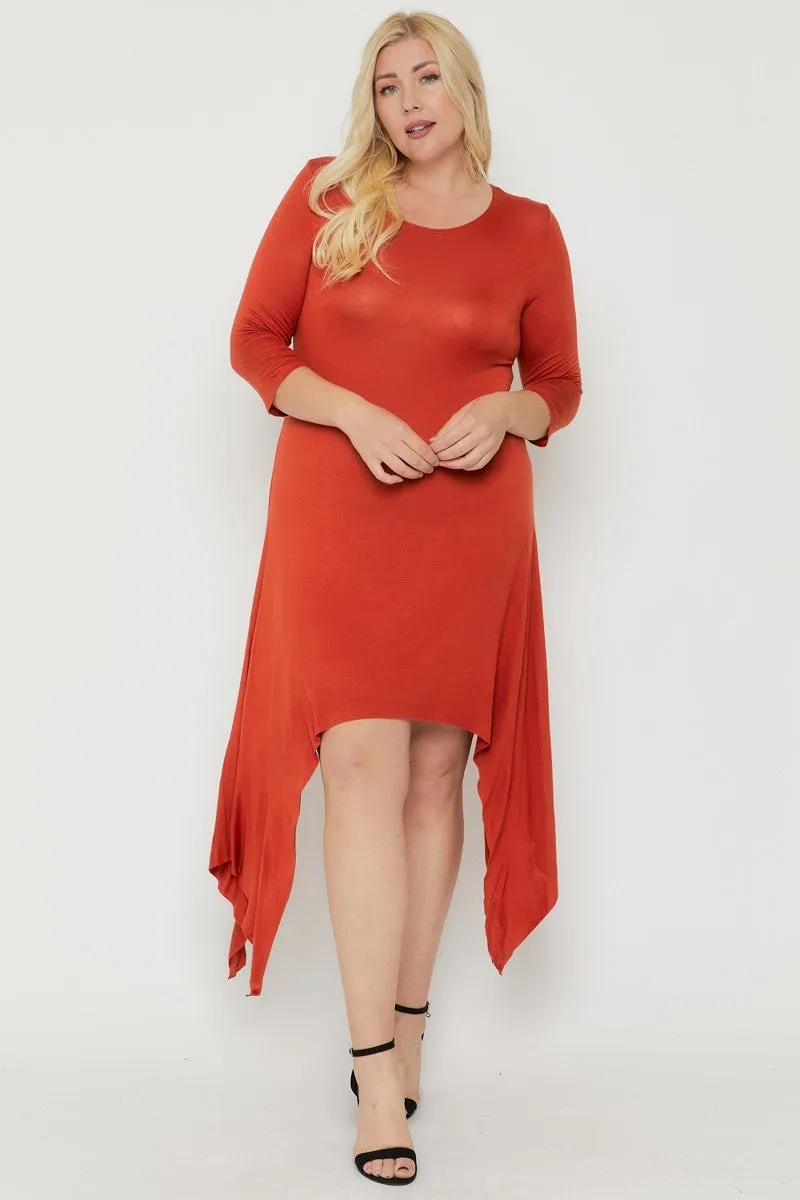 Plus size Rust Asymmetrical Raw Edge Hem Solid Dress