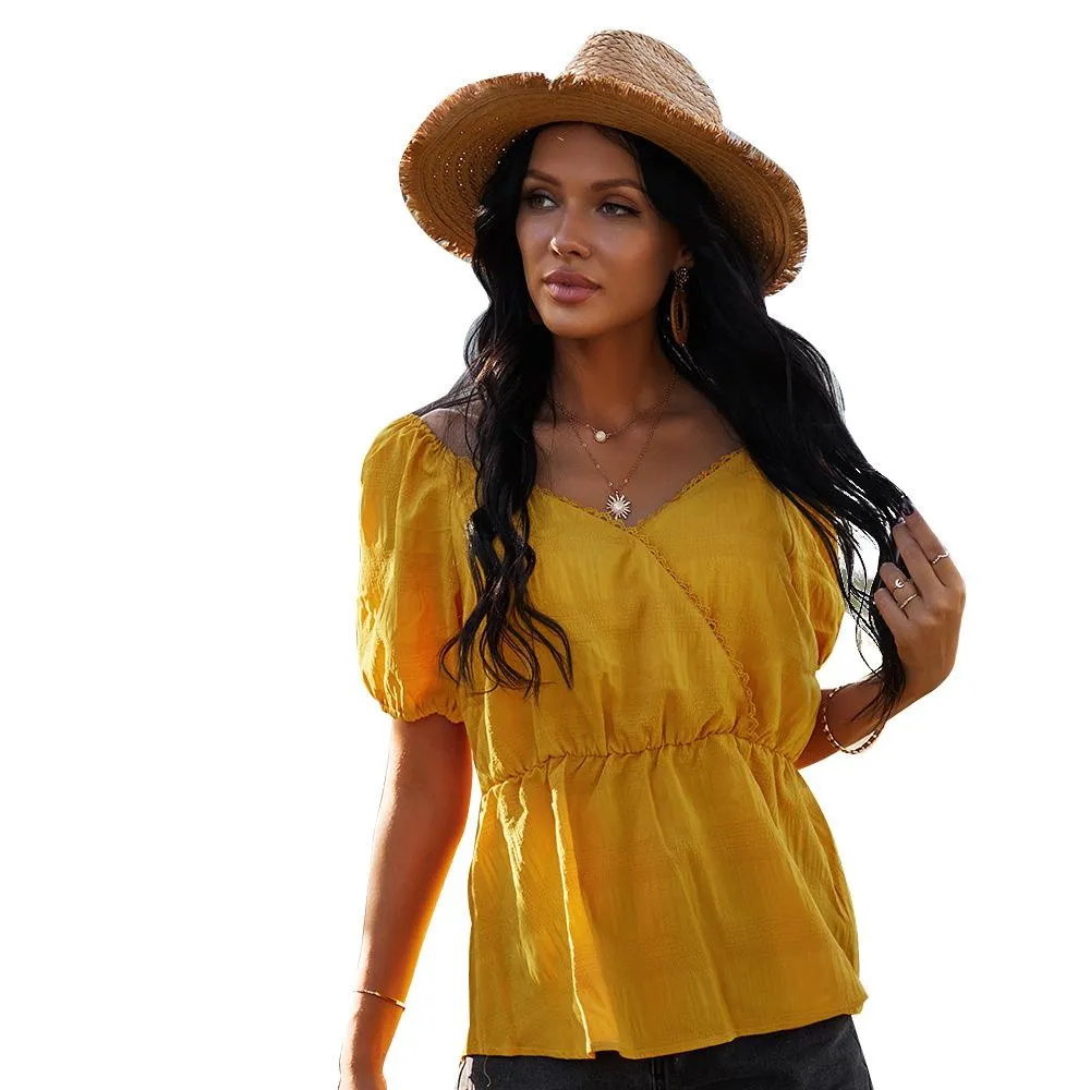 Puff Sleeve V-neck Short Sleeve Tops Blouse