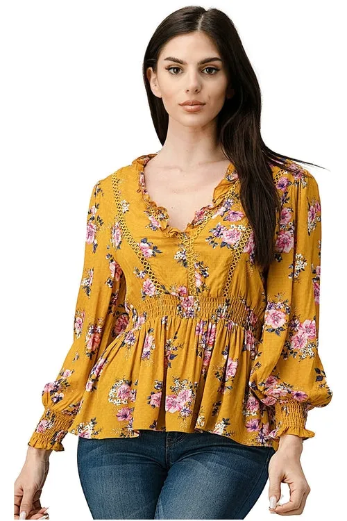 Rayon Challis Floral Ruffle V Neck Blouse Top