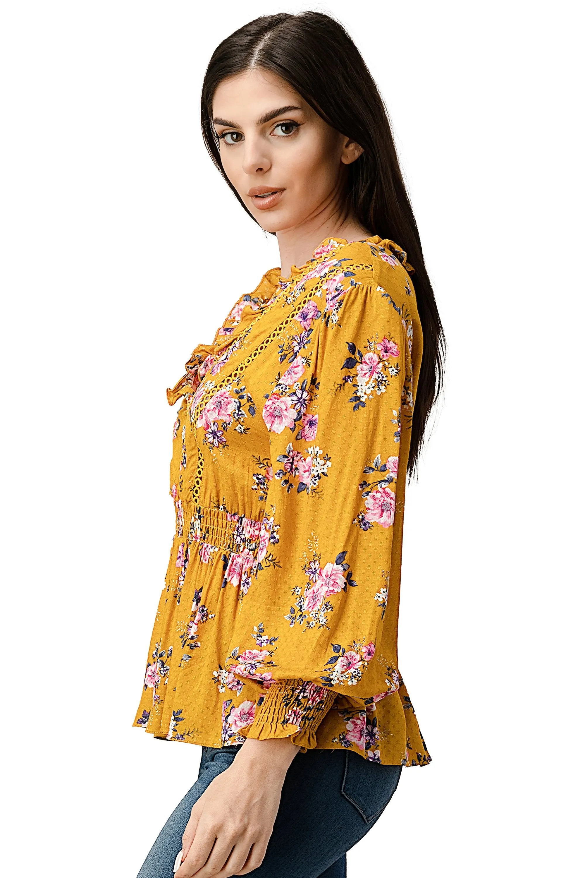 Rayon Challis Floral Ruffle V Neck Blouse Top