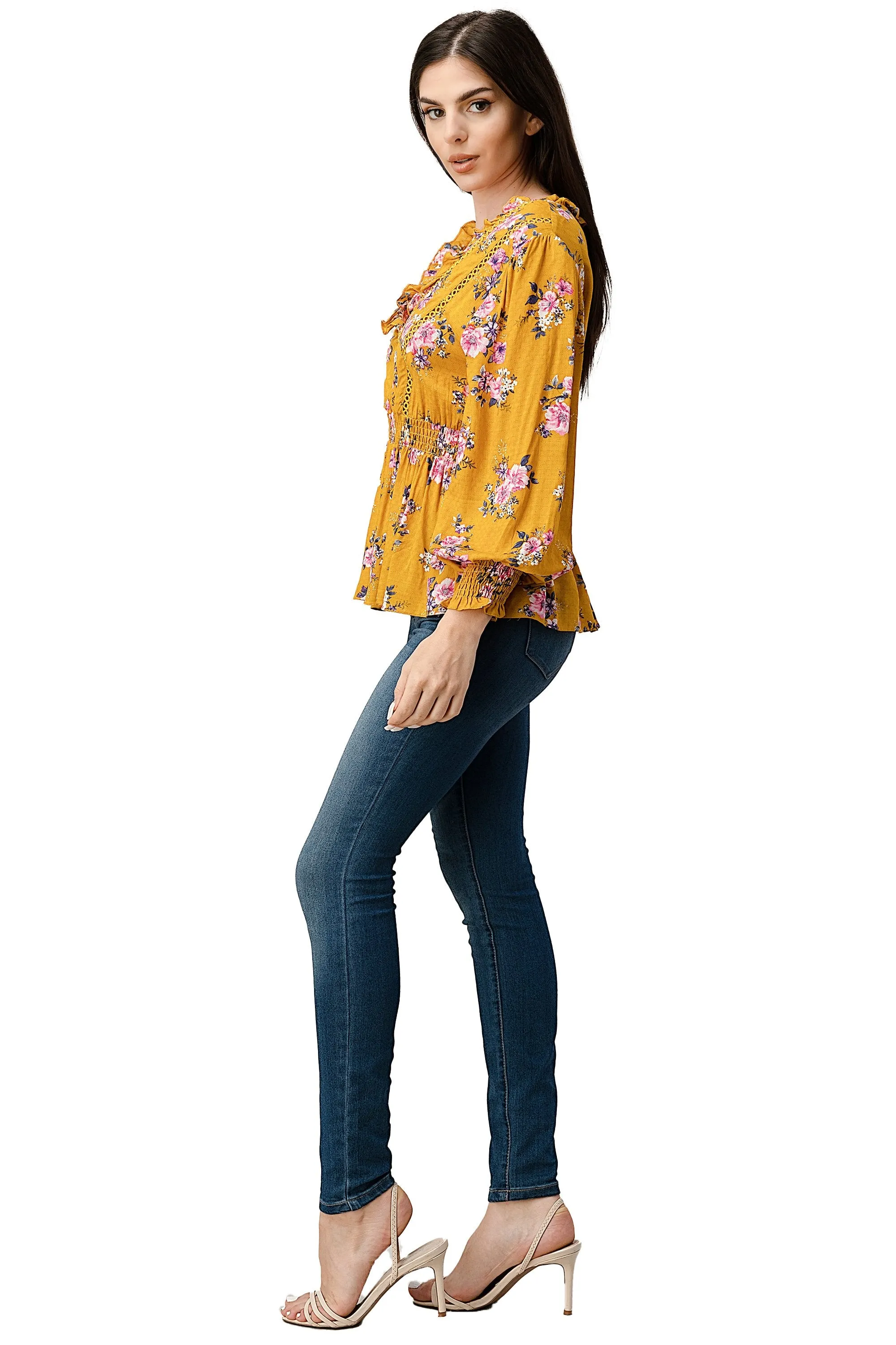 Rayon Challis Floral Ruffle V Neck Blouse Top