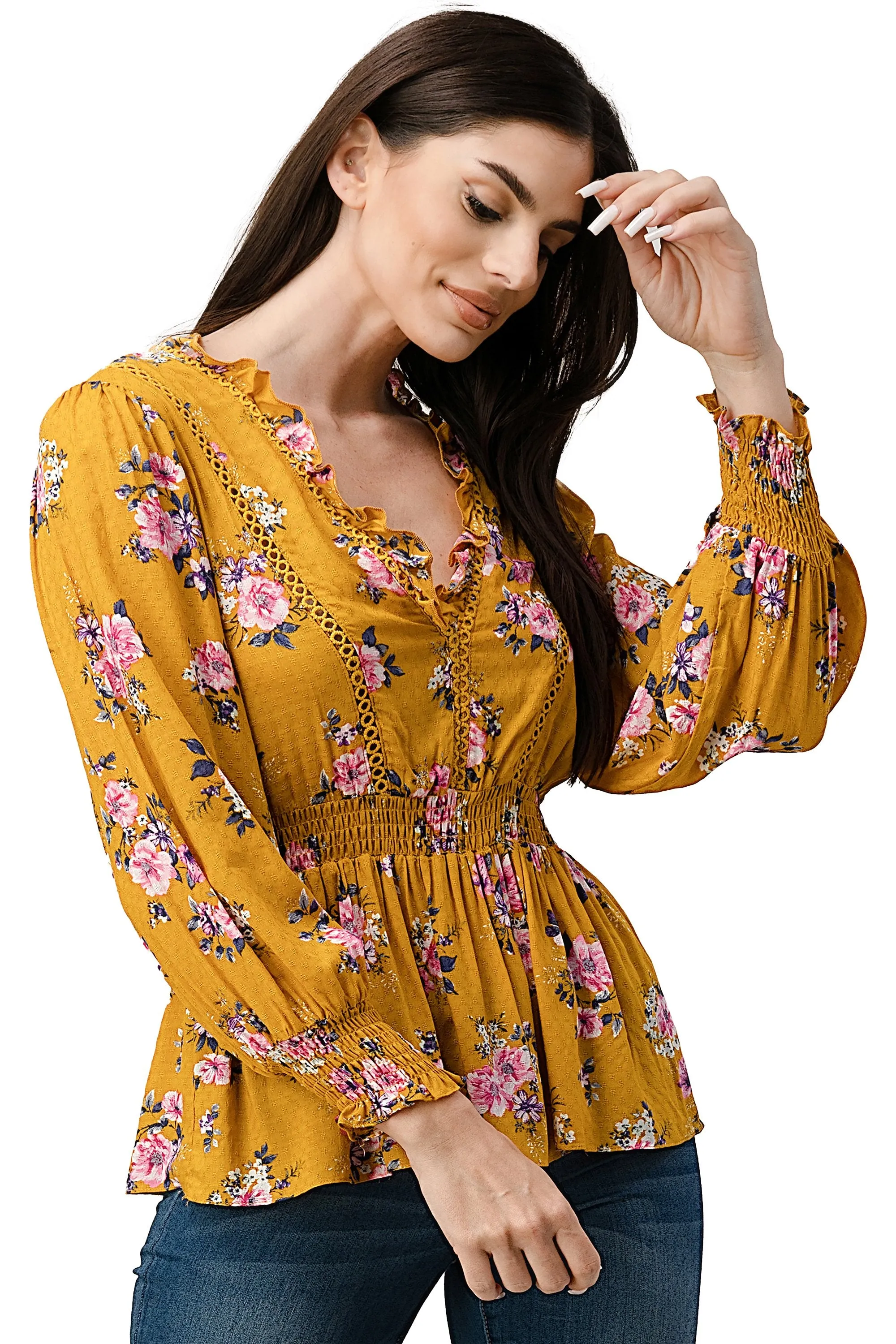 Rayon Challis Floral Ruffle V Neck Blouse Top