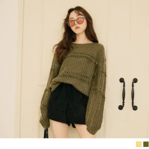 ROUND NECK LACE PATCHED LONGLINE KNIT FUR TOPS