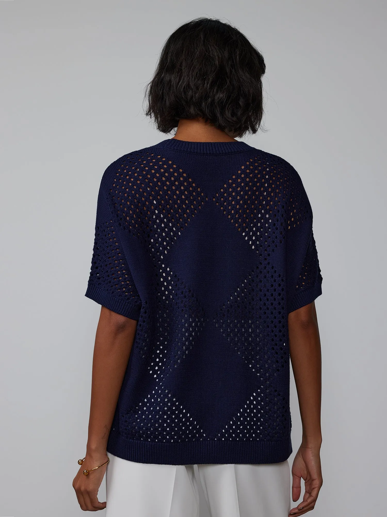 Short Sleeve Open Stitch Argyle Pullover