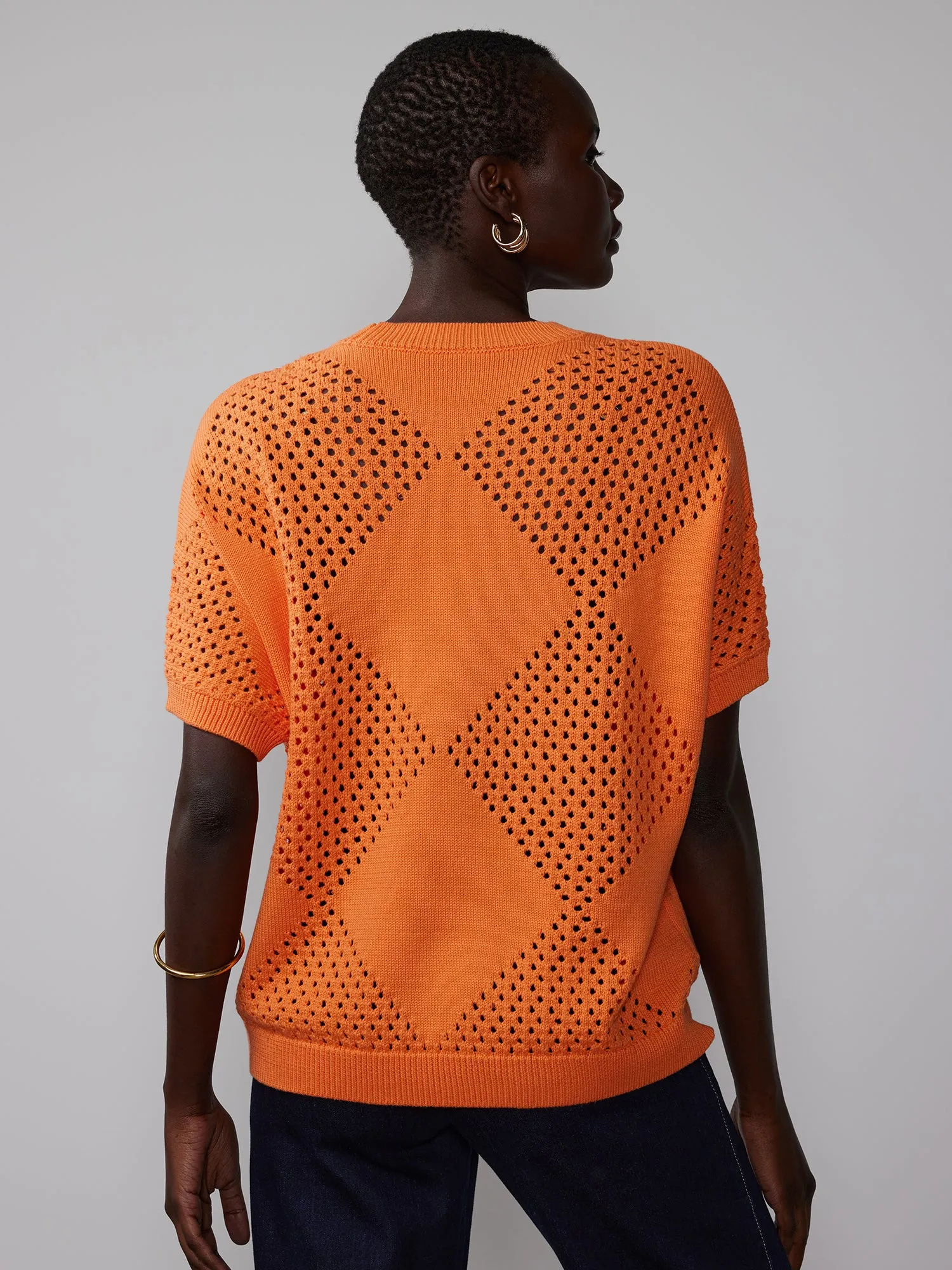 Short Sleeve Open Stitch Argyle Pullover