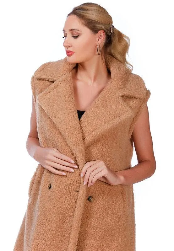 Sleeveless Double Breasted Teddy Coat