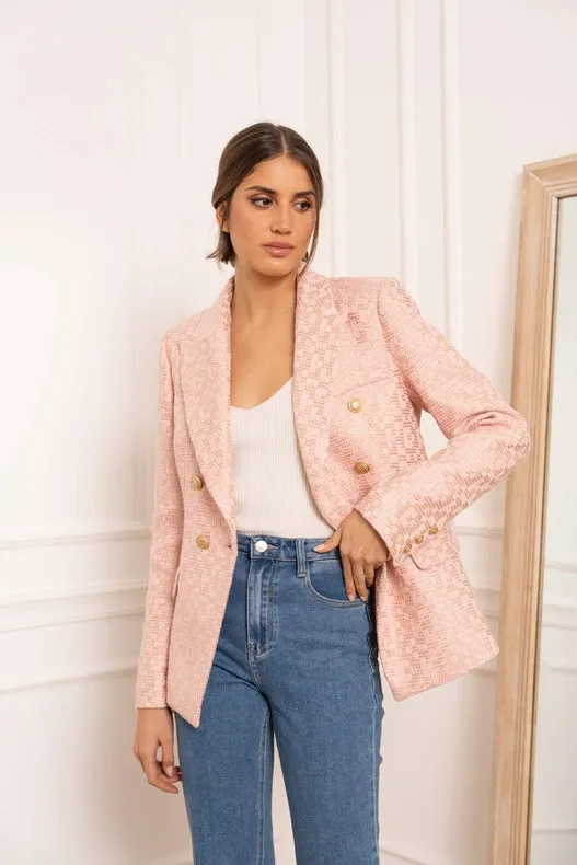 Slim Tweed Blazer Jacket With Gold Stripes Pink