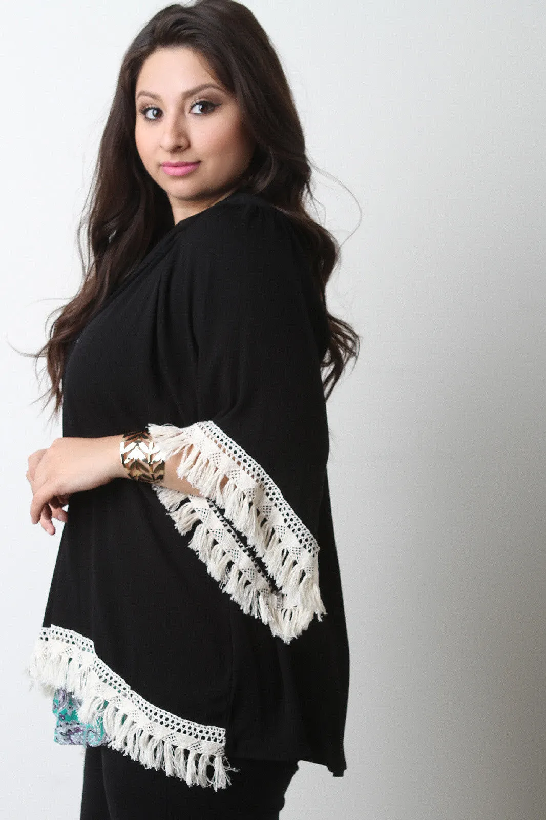 Tassel Crochet-Hem Open Front Cardigan