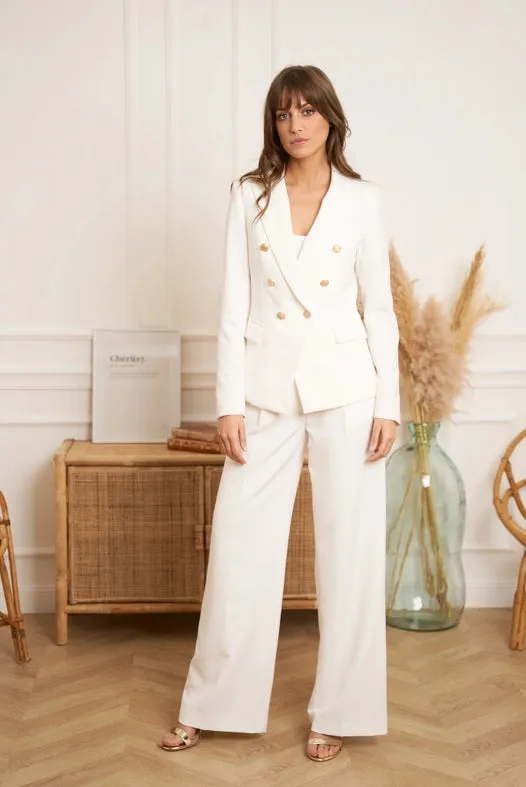 Timeless Fitted Double-Breasted Suit Jacket with Gold Buttons  White