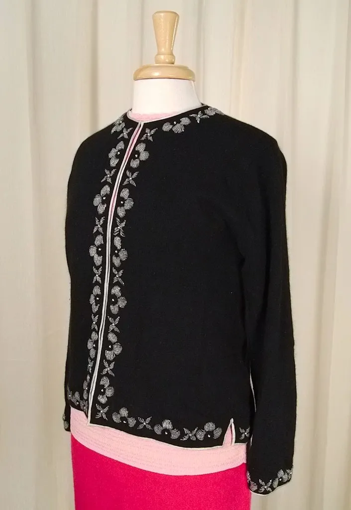 Vintage 1950s Black Bead Trim Cardigan