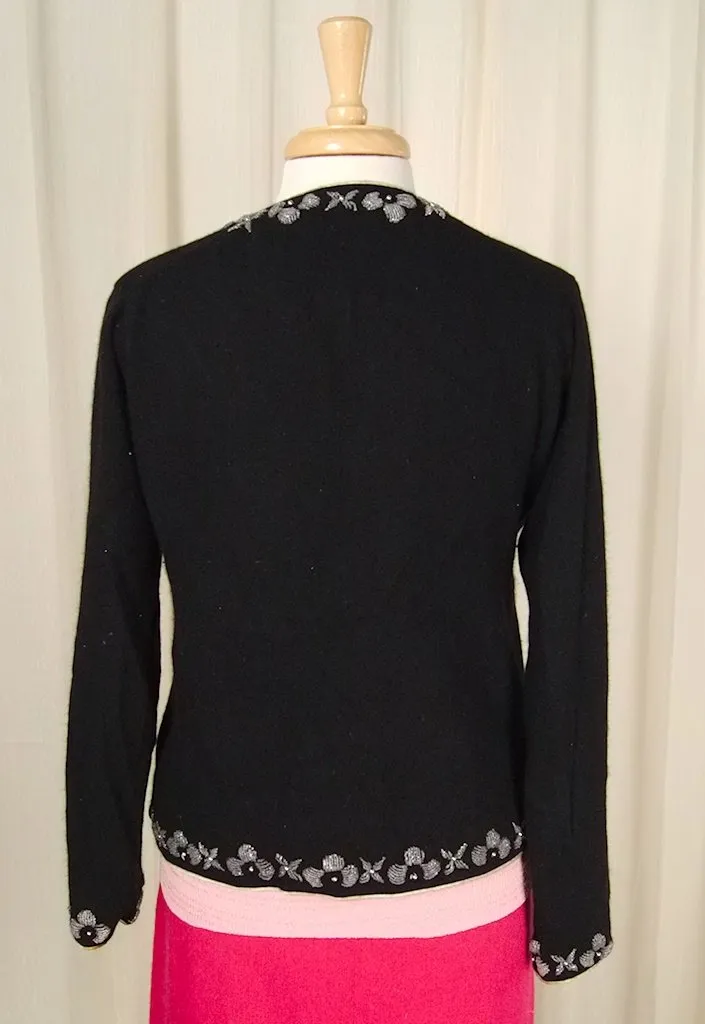 Vintage 1950s Black Bead Trim Cardigan