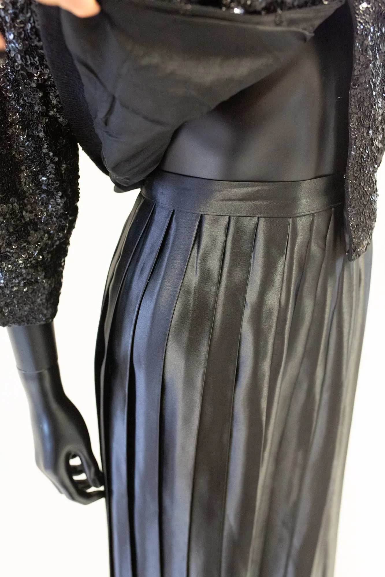 Vintage 1980s Black Satin Pleated Skirt