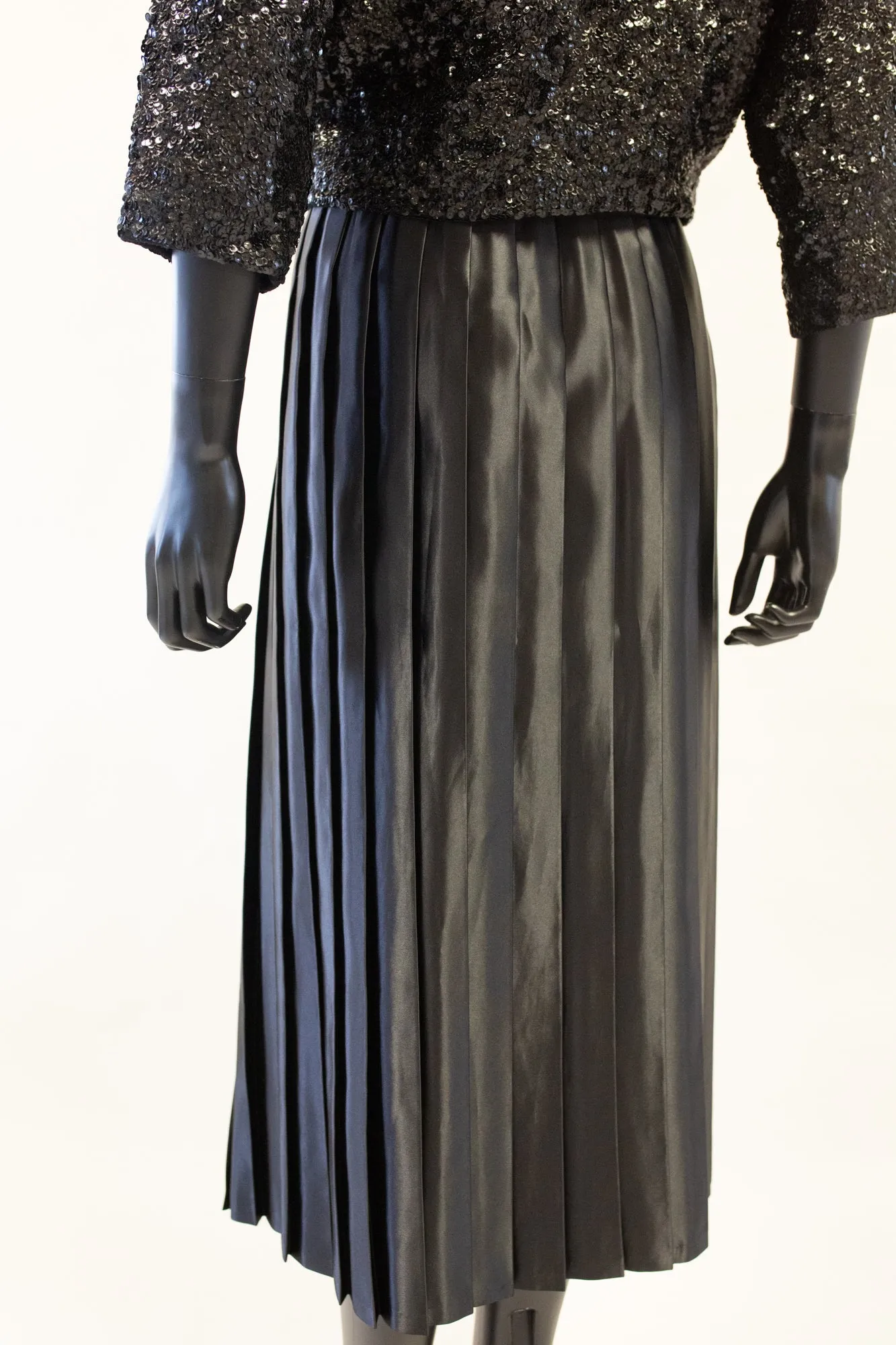 Vintage 1980s Black Satin Pleated Skirt