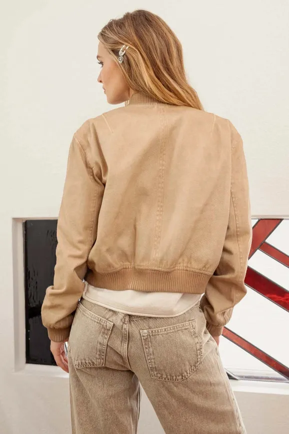 Washed Demin Zip Up Bomber Jacket CAMEL