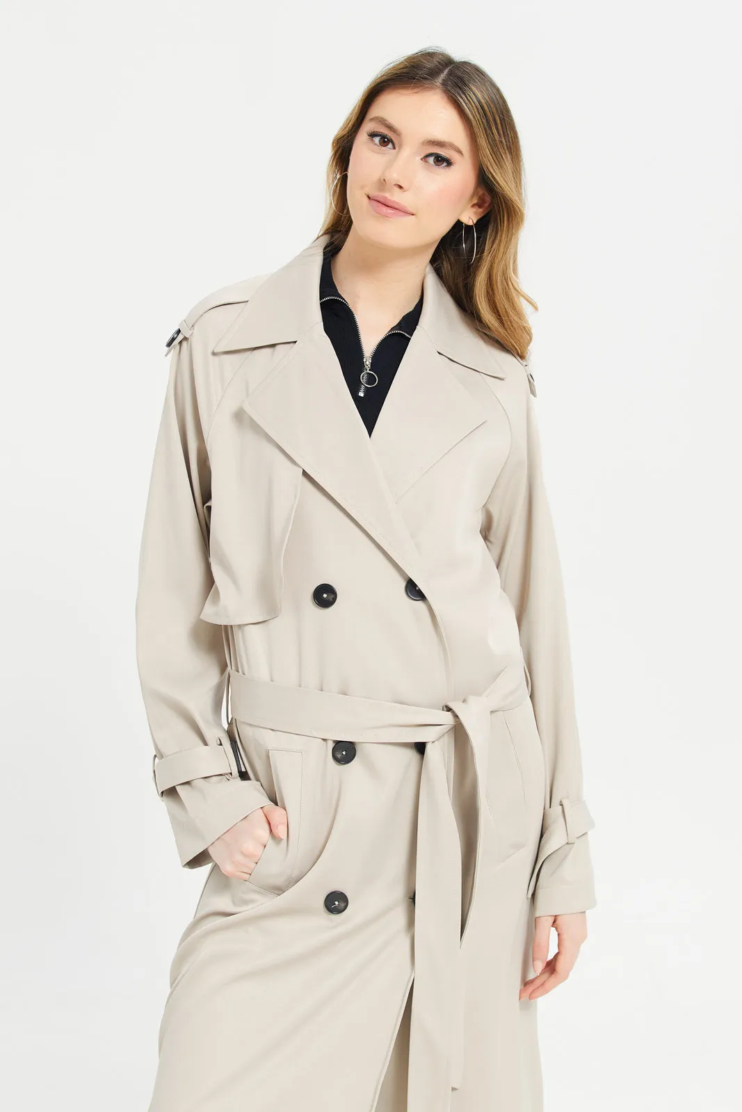 Women Beige Long Casual Jacket