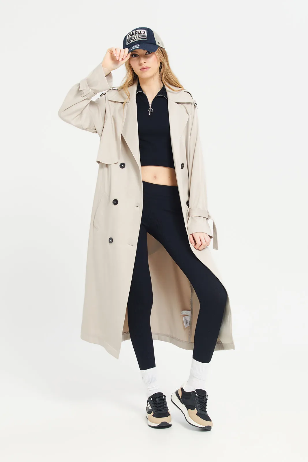 Women Beige Long Casual Jacket