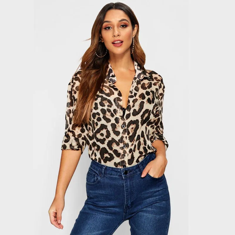 Women Blouses Sexy Long Sleeve Leopard