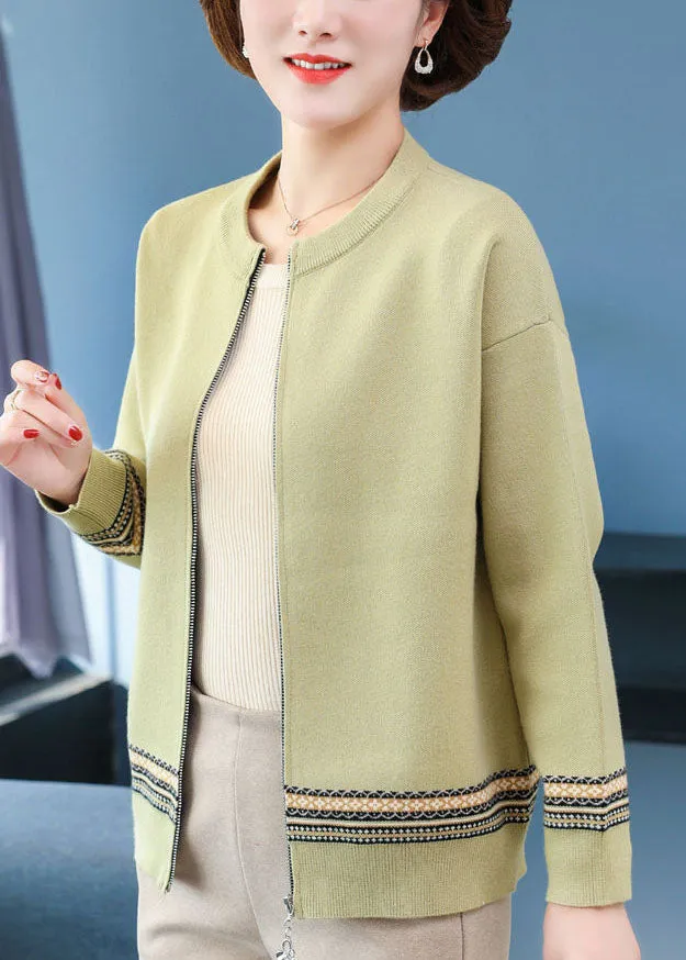 Women Green O-Neck Zip Up Woolen Jackets Long Sleeve