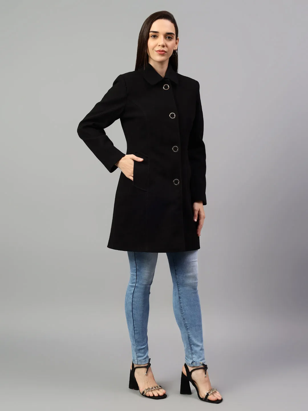 Women's Black Solid Full Sleeves Winter Long Coat