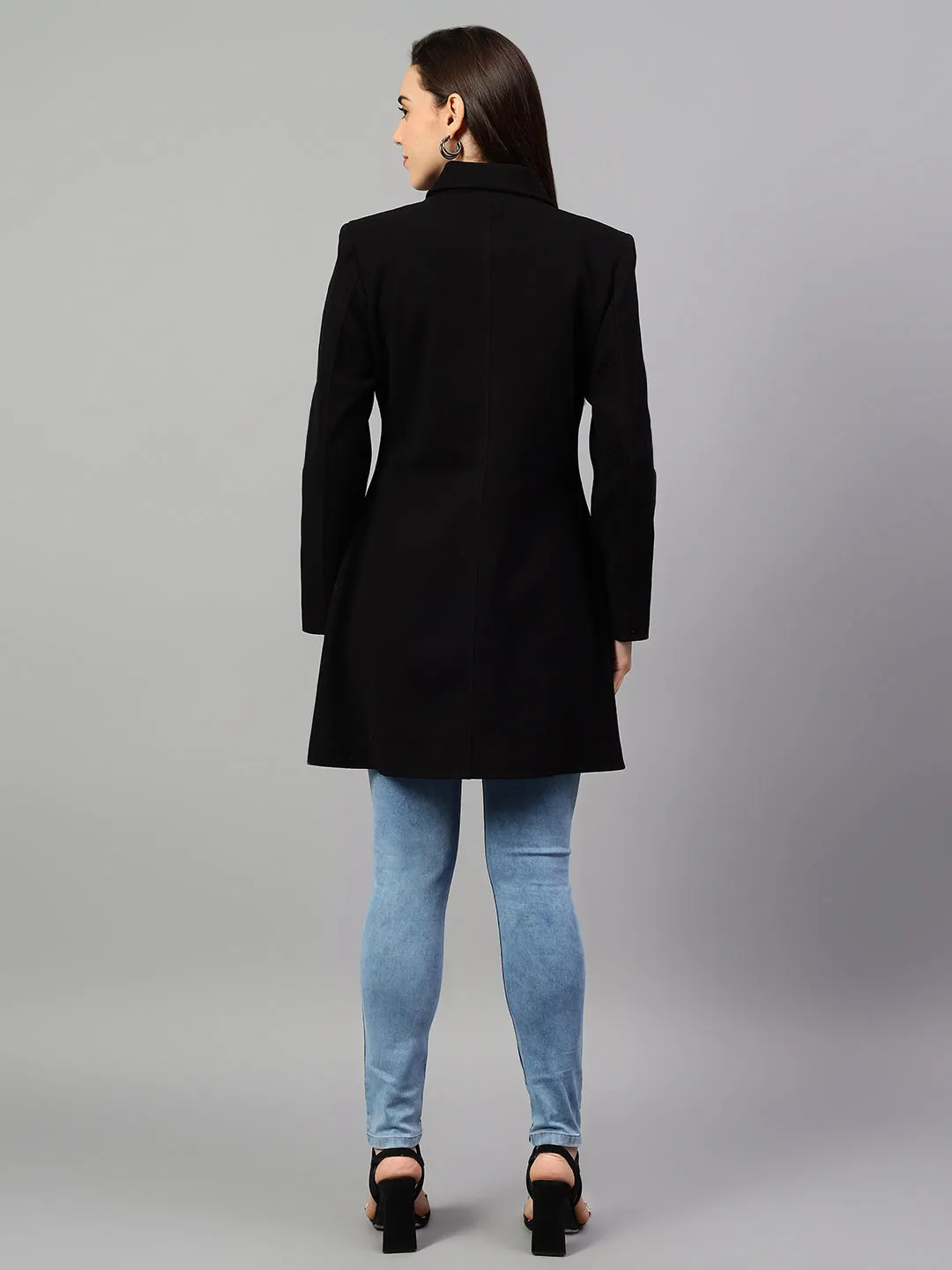 Women's Black Solid Full Sleeves Winter Long Coat