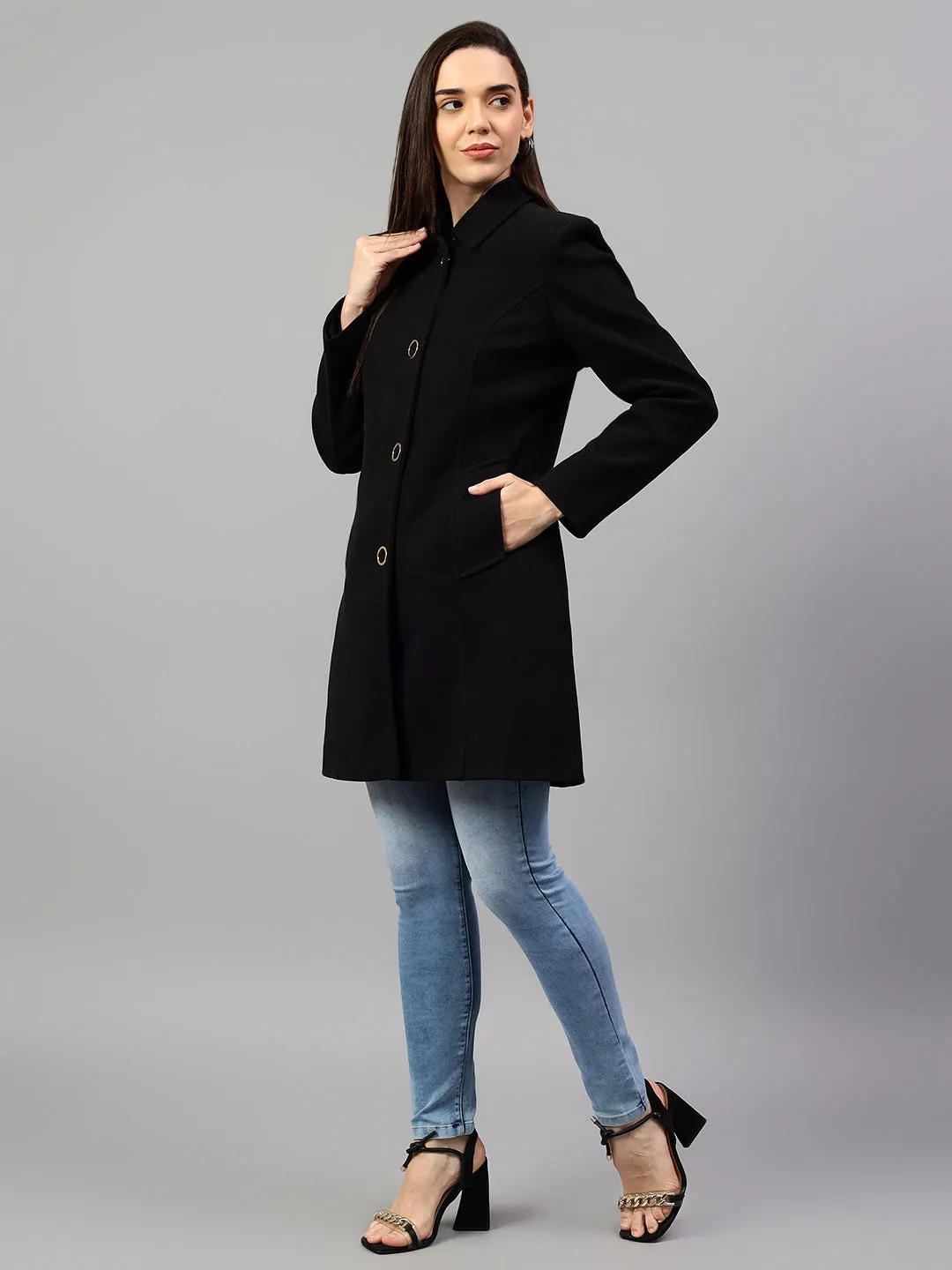 Women's Black Solid Full Sleeves Winter Long Coat