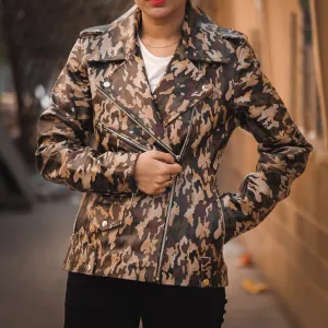 Womens Leather Military Camouflage Print Jacket