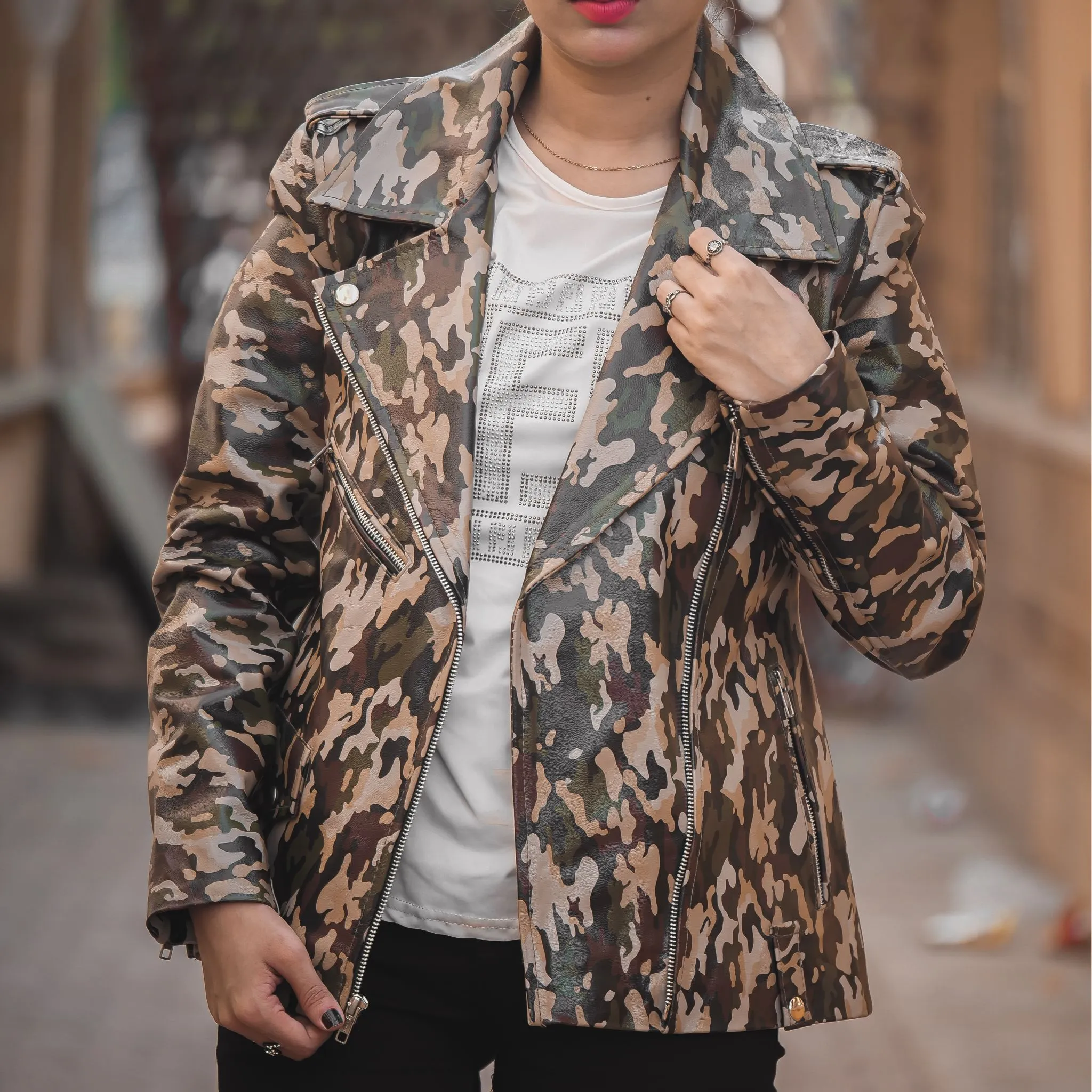 Womens Leather Military Camouflage Print Jacket