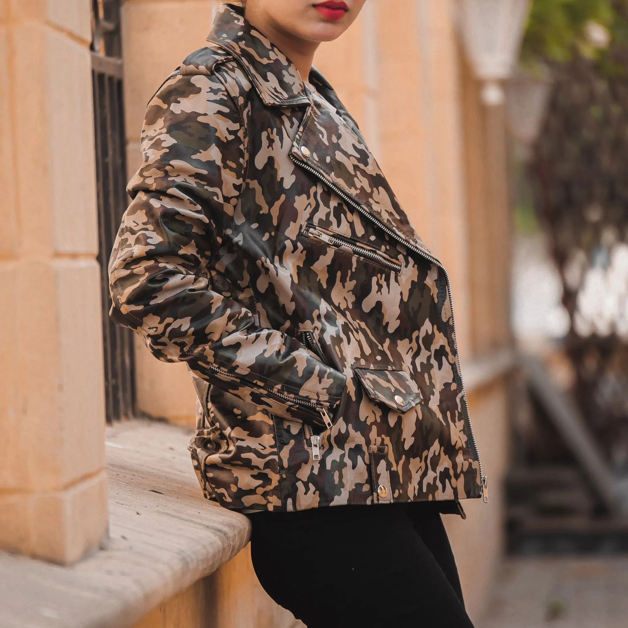 Womens Leather Military Camouflage Print Jacket