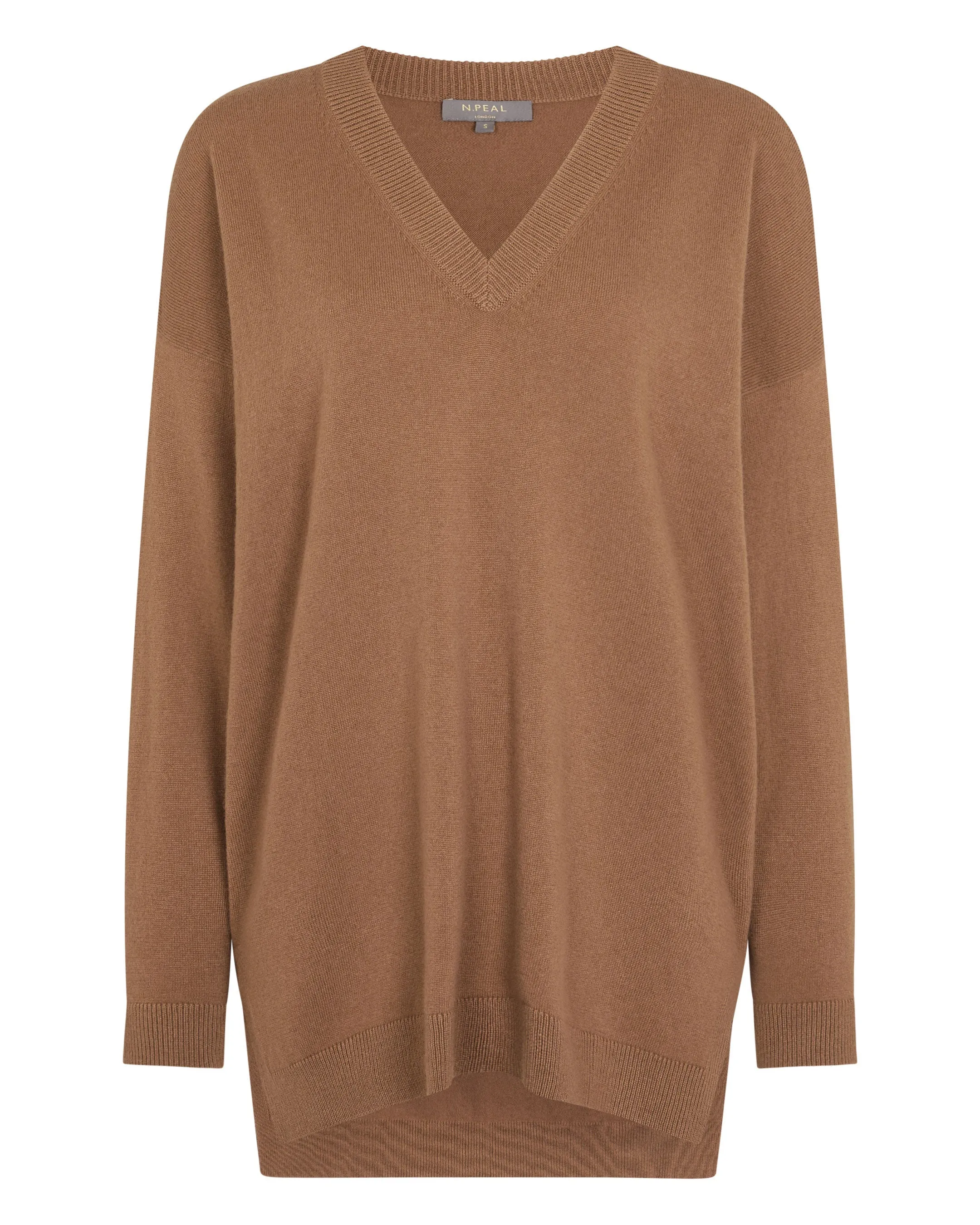 Women's Longline V Neck Cashmere Sweater Dark Camel Brown