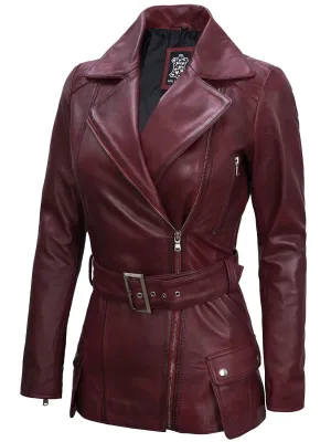 Women's Maroon Asymmetrical Biker Leather Jacket