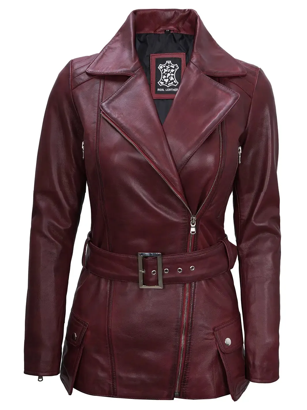 Women's Maroon Asymmetrical Biker Leather Jacket