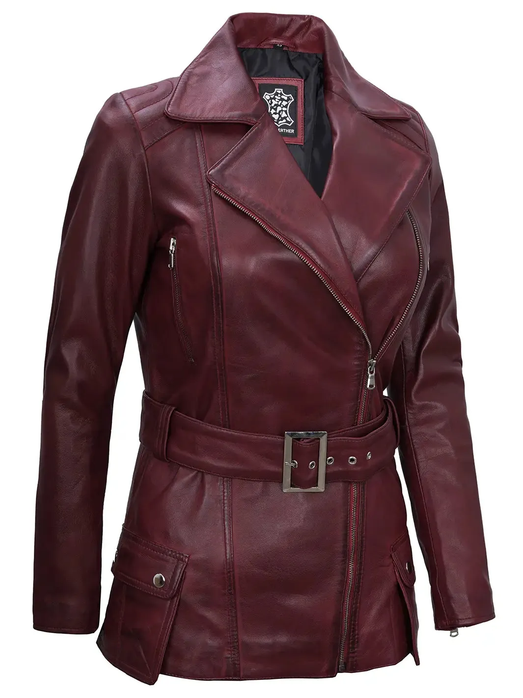 Women's Maroon Asymmetrical Biker Leather Jacket