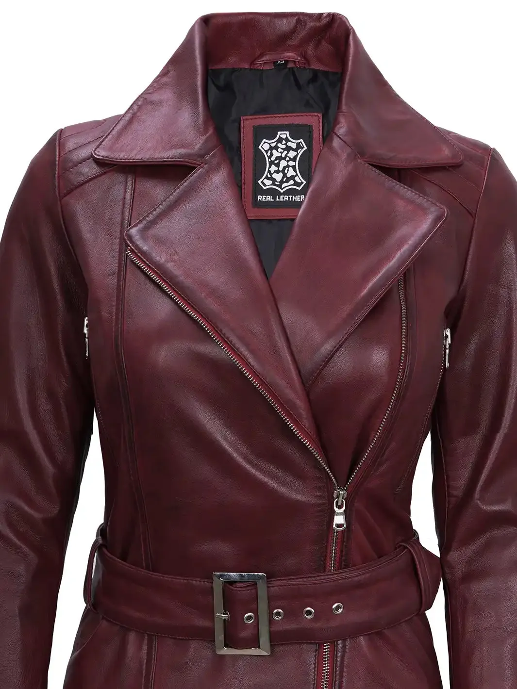 Women's Maroon Asymmetrical Biker Leather Jacket