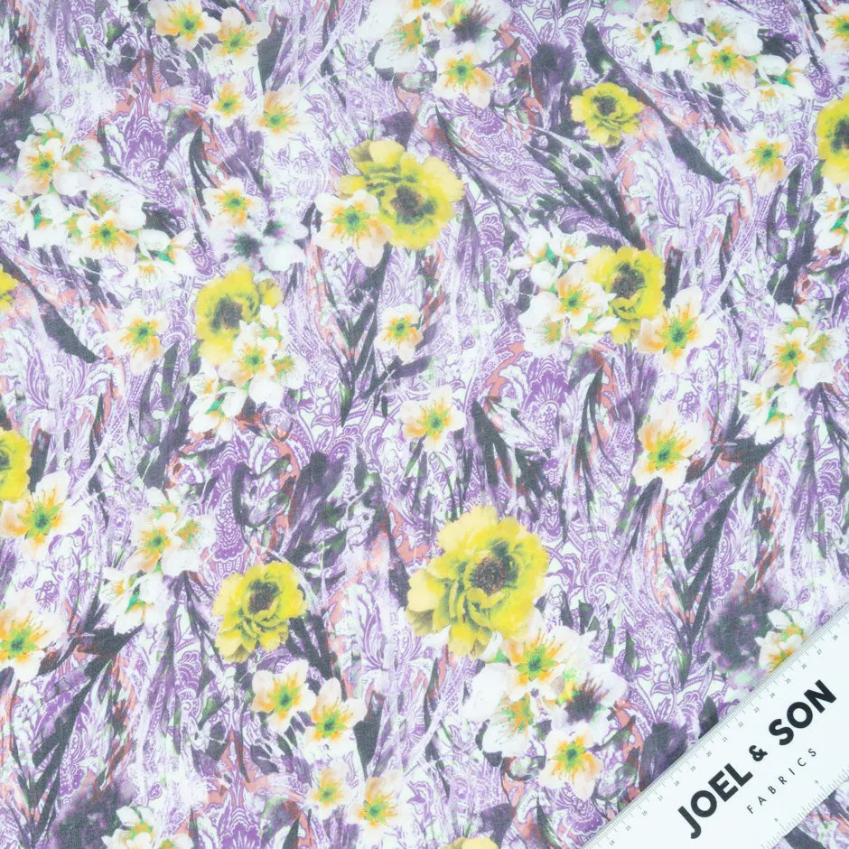 Yellow Floral & Purple Printed Pure Silk Chiffon