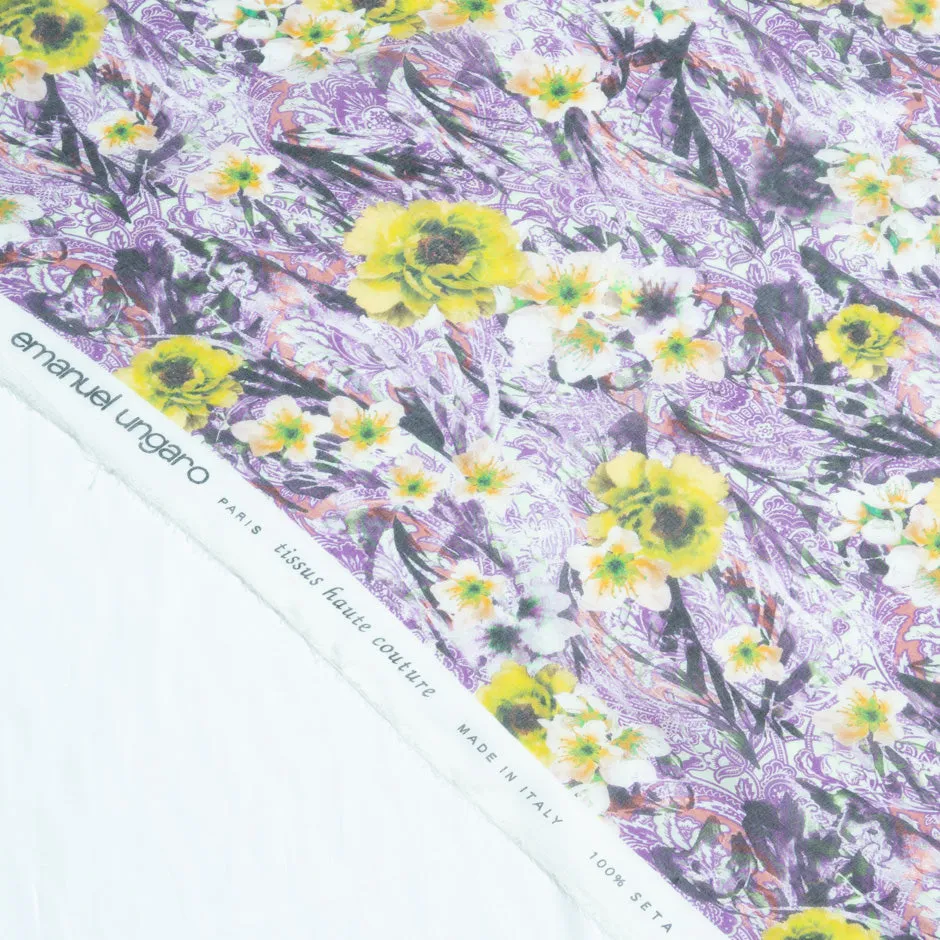 Yellow Floral & Purple Printed Pure Silk Chiffon