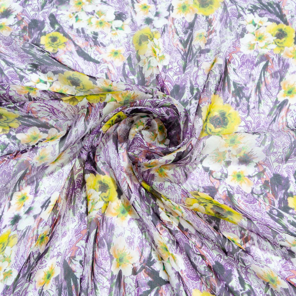 Yellow Floral & Purple Printed Pure Silk Chiffon