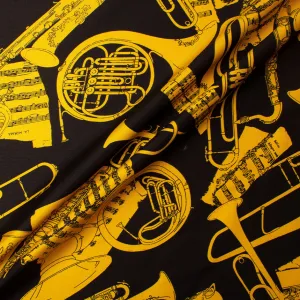 Yellow Musical Instruments Printed Black Silk Twill