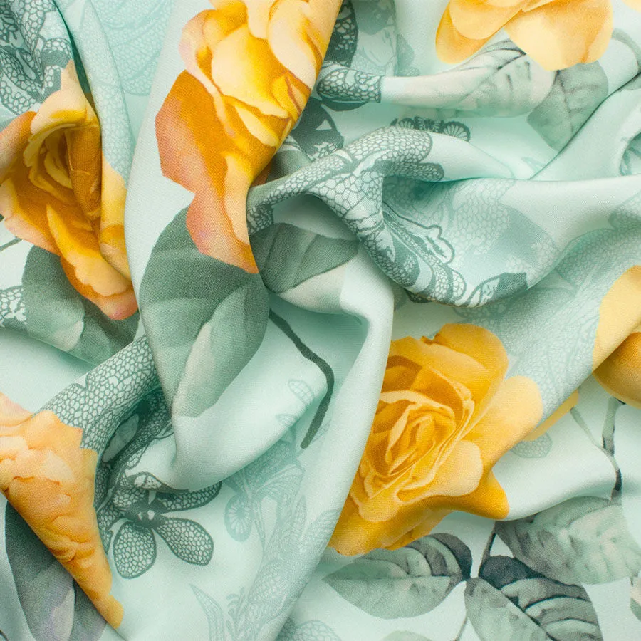 Yellow Rose Ice Blue Printed Double Silk Crêpe