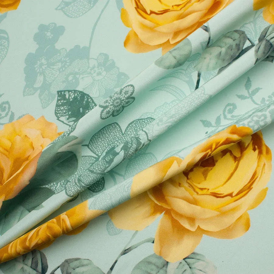 Yellow Rose Ice Blue Printed Double Silk Crêpe