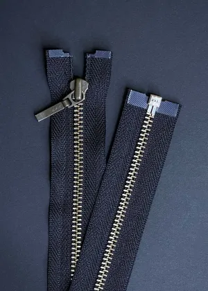 YKK, Open Ended Zip Drop Pull. Antique Brass. Black. 60cm